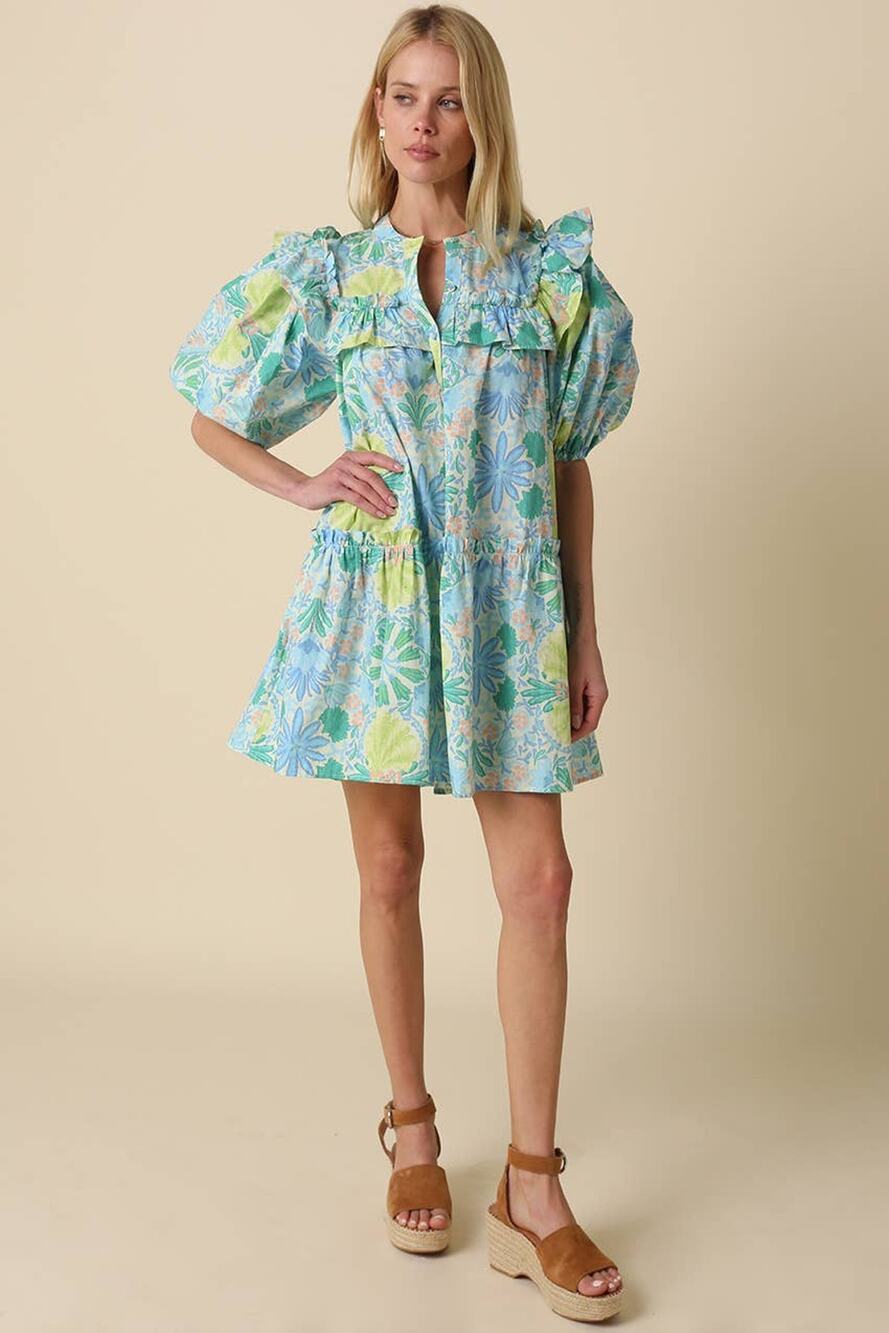 Olivaceous NWT Lime Multi Floral Babydoll Mini Dress Puff Sleeve Tiered Sz M